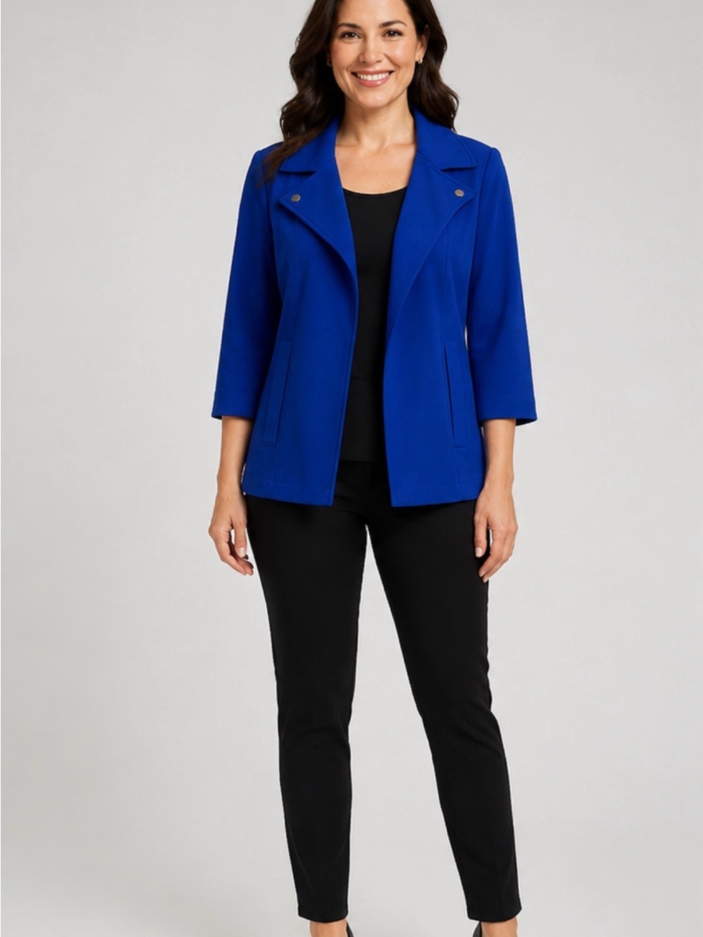 Open-Front Cobalt Blue Three-Quarter Sleeve Blazer